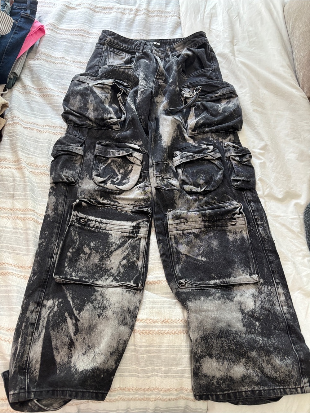 Fashion Nova Black Acid-Wash Cargo Pants with Multiple Pockets